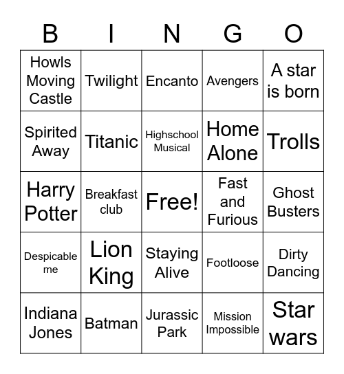 Movie Bingo Card