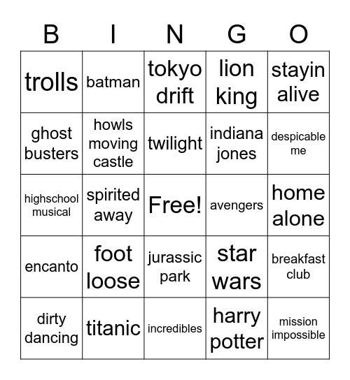 Movie Bingo 2 Bingo Card