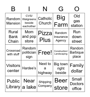 Small Town Bingo Card