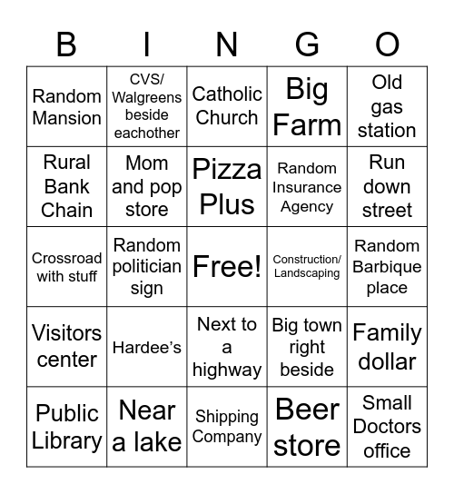 Small Town Bingo Card