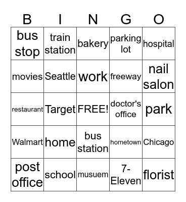 Places in My Life Bingo Card