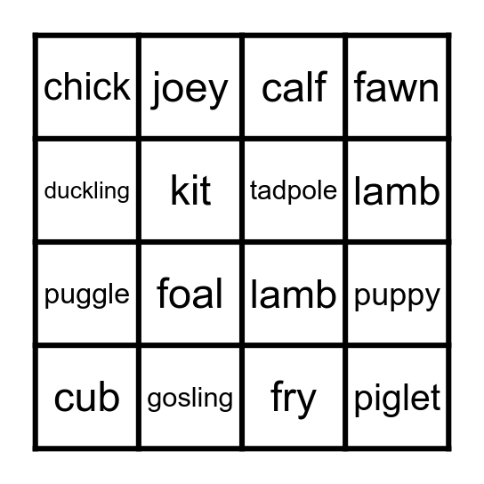 Baby Animal Bingo Card
