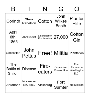 Civil War Bingo Card