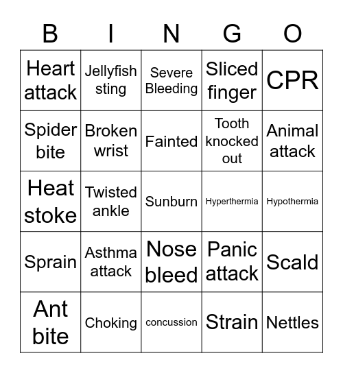 SSAGO 1st Aid Bingo Card
