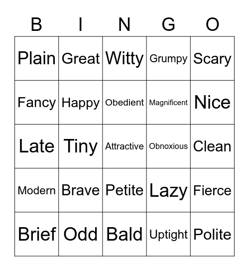 Adjectives Bingo Card