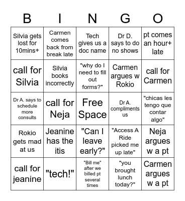 Front Desk Bingo Card