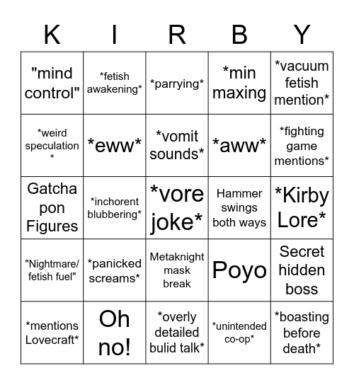 Kiby Stream Bingo Card