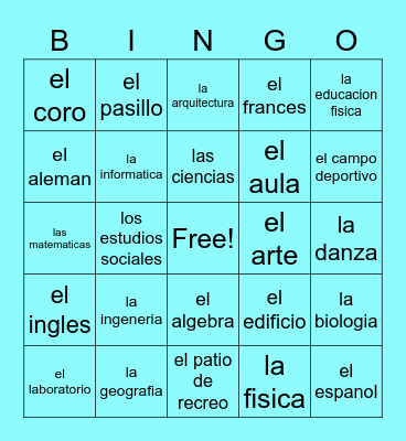 Las asignaturas y los lugares de la escuela Bingo Card