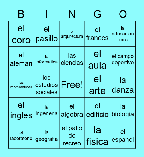 Las asignaturas y los lugares de la escuela Bingo Card