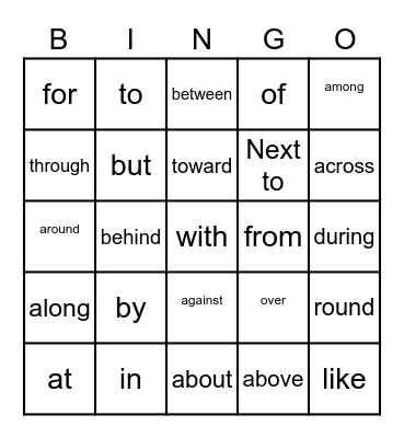 Prepositions Bingo Card