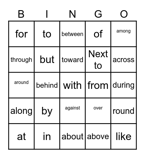 Prepositions Bingo Card