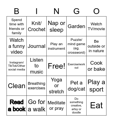 Stress Relief Bingo Card