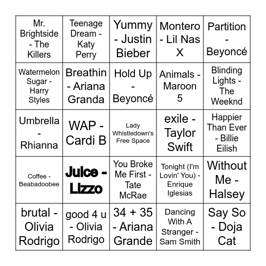 Vitamin Sting Quartet Bridgerton Bingo Card