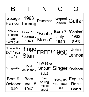 Beatles Bingo Card