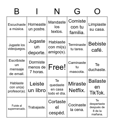 Bingo en el pretérito Bingo Card