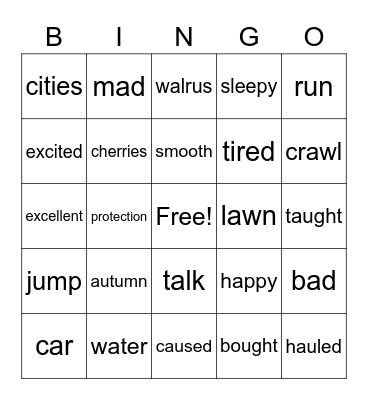 Noun+Verb+Adjective Bingo Card