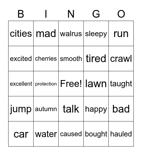 Noun+Verb+Adjective Bingo Card