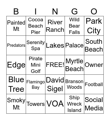 Westgate Bingo!  Bingo Card