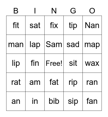 Binge (short "a" "i" Bingo Card