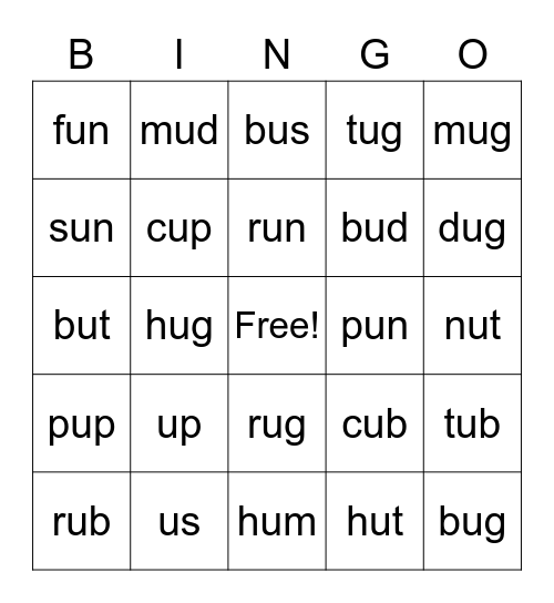 Bingo (Short "u") Bingo Card