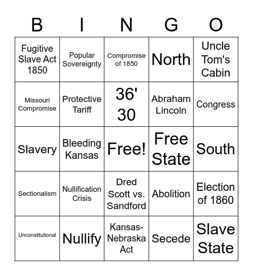 Sectionalism (Road to Civil War) Bingo Card