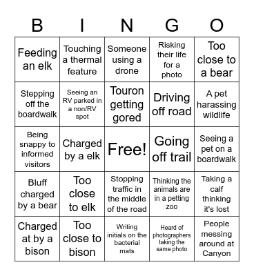 Yellowstone Touron Bingo Card