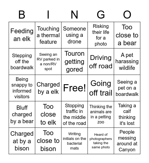 Yellowstone Touron Bingo Card