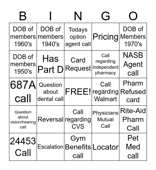 Call Center Bingo Card