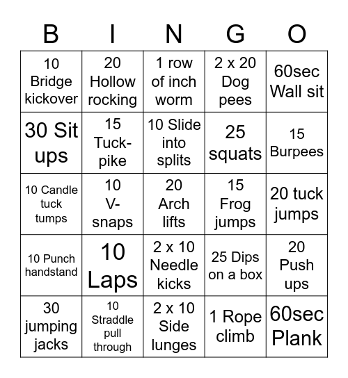 Warm up Bingo Card