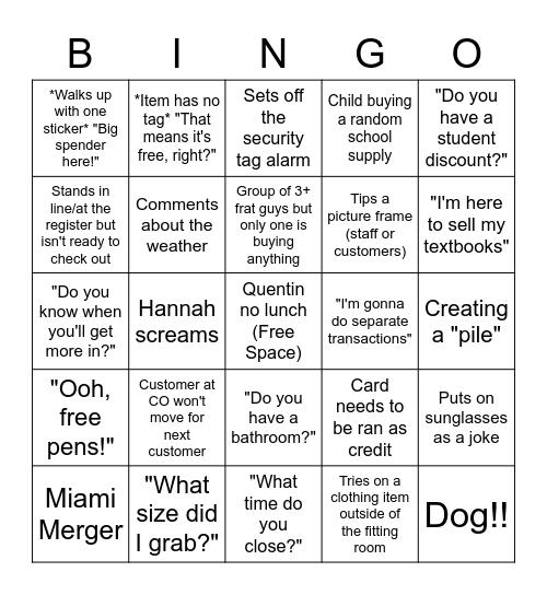 DuBois Bookstore Employee Bingo (Part 2!) Bingo Card