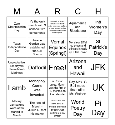 Fun Facts about March Bingo Card