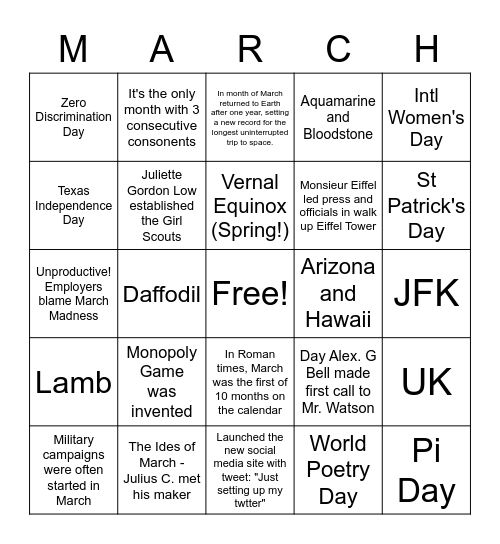 Fun Facts about March Bingo Card
