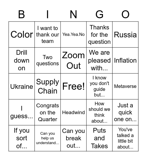 Earnings Season Bingo Card