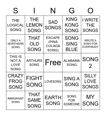 415 SONGS WITH SONG IN THE TITLE Bingo Card