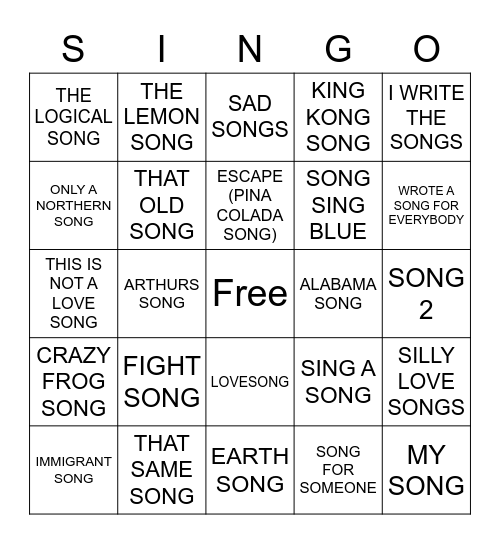 415 SONGS WITH SONG IN THE TITLE Bingo Card