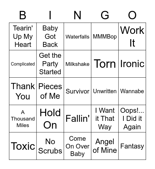 90's Pop Bingo Card