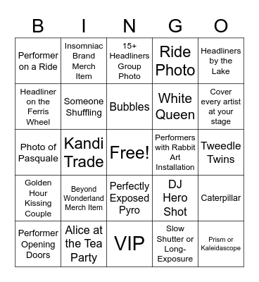 BEYOND WONDERLAND Bingo Card