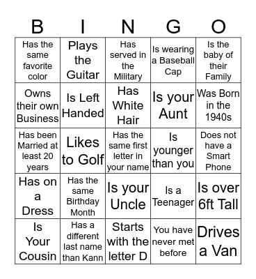 Kann Family Reunion: Find Someone Who... Bingo Card