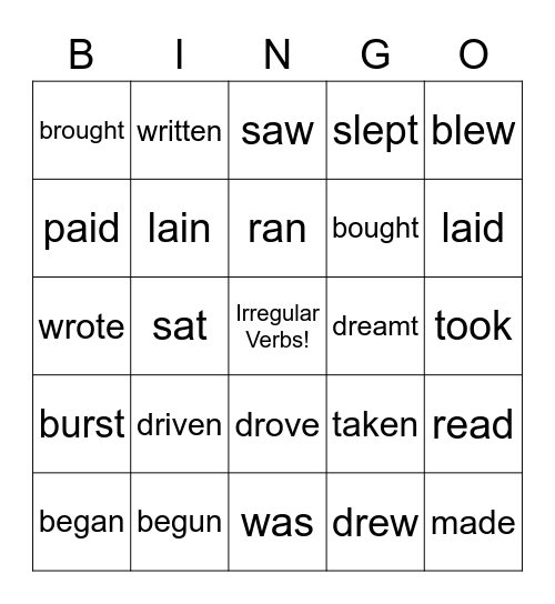 Irregular Verbs Bingo Card