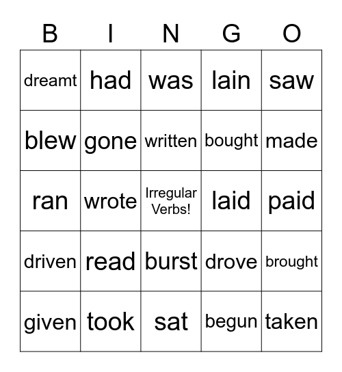 Irregular Verbs Bingo Card