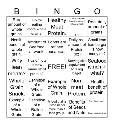 Grains/Protein BINGO Card