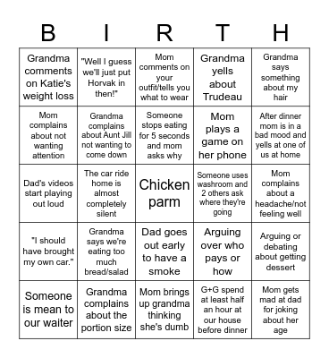 Family Dinner Bingo Card