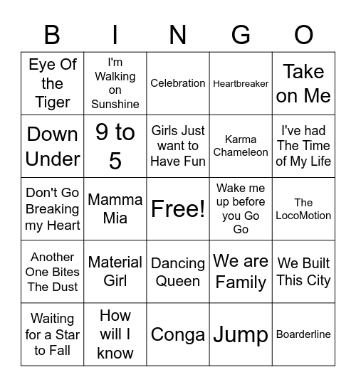 70/80s Music Bingo Card