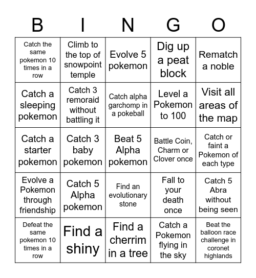 Pokemon Legends Arceus Bingo Card