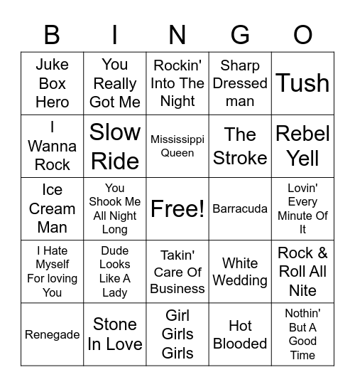 Tavern Classic Rock Bingo Card