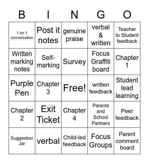 Post-Lesson Feedback Bingo Card