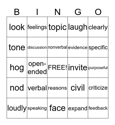 Speaking & Listening Bingo Card