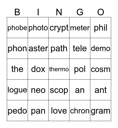 Greek Roots Bingo Card