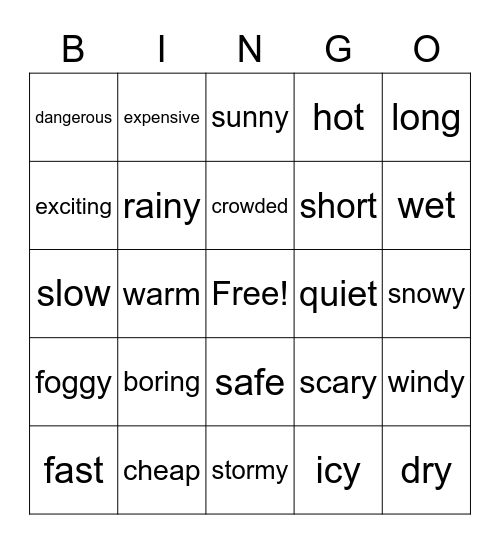 Adjectives Bingo Card
