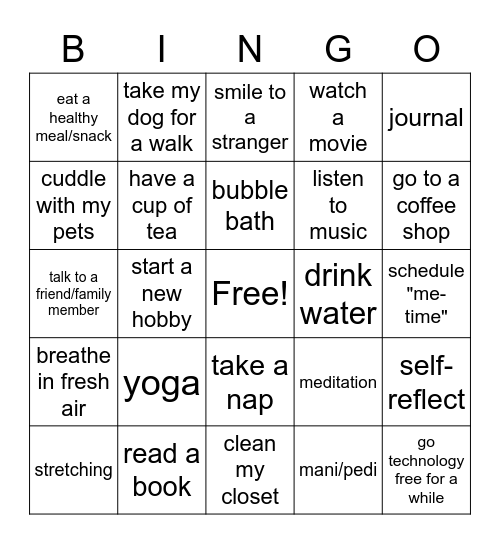 Self Care card Bingo Card